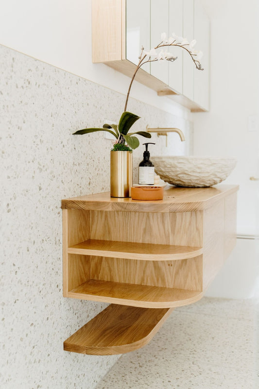 Curved timber and veneer vanity, wall hung, NZ