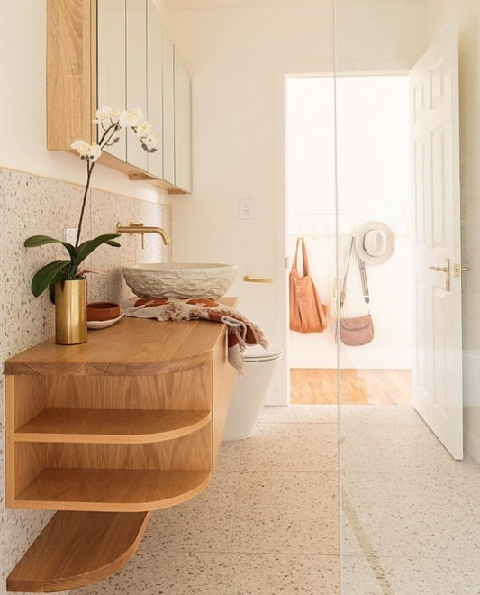 Wall hung bathroom vanity, curved shelving with floating shelf